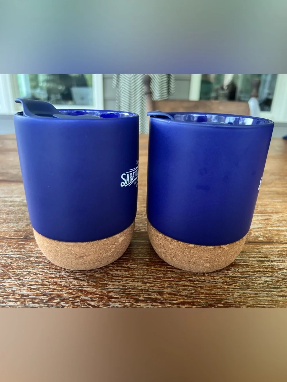 Disney Saratoga Springs Resort Ceramic Travel Mug Set 2 Cork Base Blue Lids 12oz - Picture 4 of 12